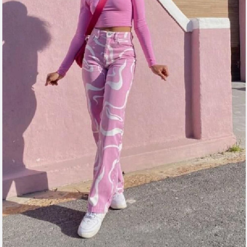 COTTON ON Loose Straight Fit Pink White Swirl Print Jeans High Rise size 6